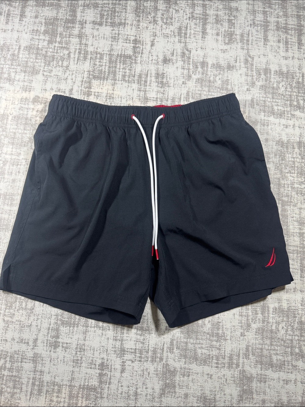 Nautica Navy Athletic Drawstring Shorts with White Cord Red Accents Length 17.5